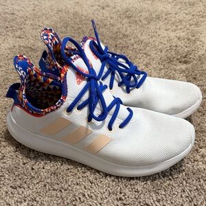 Adidas Kids White and Gold Sneakers with Blue Accents